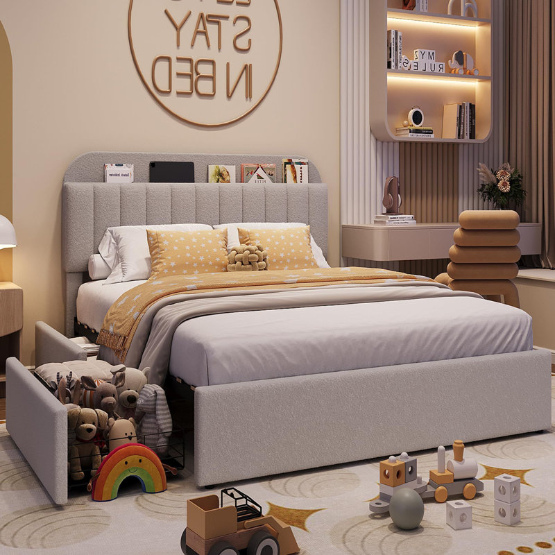 Bed Frame With Storage Headboard, 2 Drawers, gris, Grand