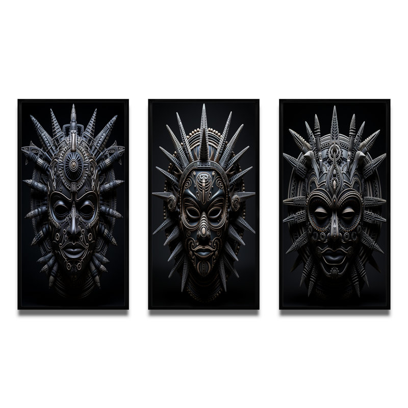 «African Mask Tribu», 3 pièces sur toile, Cadre noir, H 20 po x l 36 po