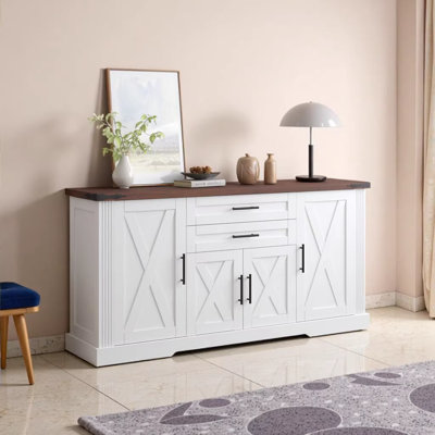 Armoire de rangement 63 "avec 2 tiroirs et support de porte de style campagnard de ferme 63", buffet blanc avec tablettes réglables pour la cuisine, le salon, la salle à manger