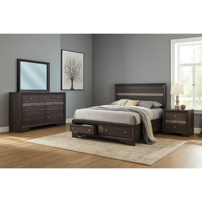 Ensemble de chambre avec grand lit 4 pièces Cevy avec commode, détails argentés, bois gris