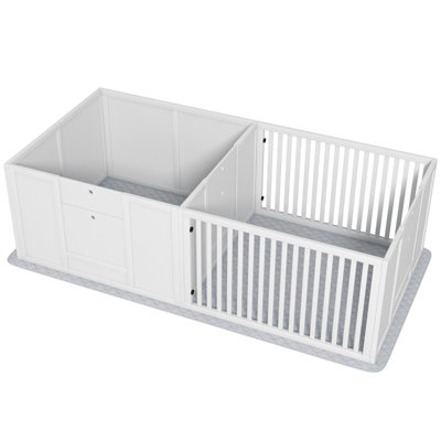 1pc Dog Whelping Box (dog House) | White Indoor Pet Birthing Enclosure, Pinewood&mdf, 65.4"lx31.5"wx19.7", 7-piece 2-room Design, Removable Height-adj