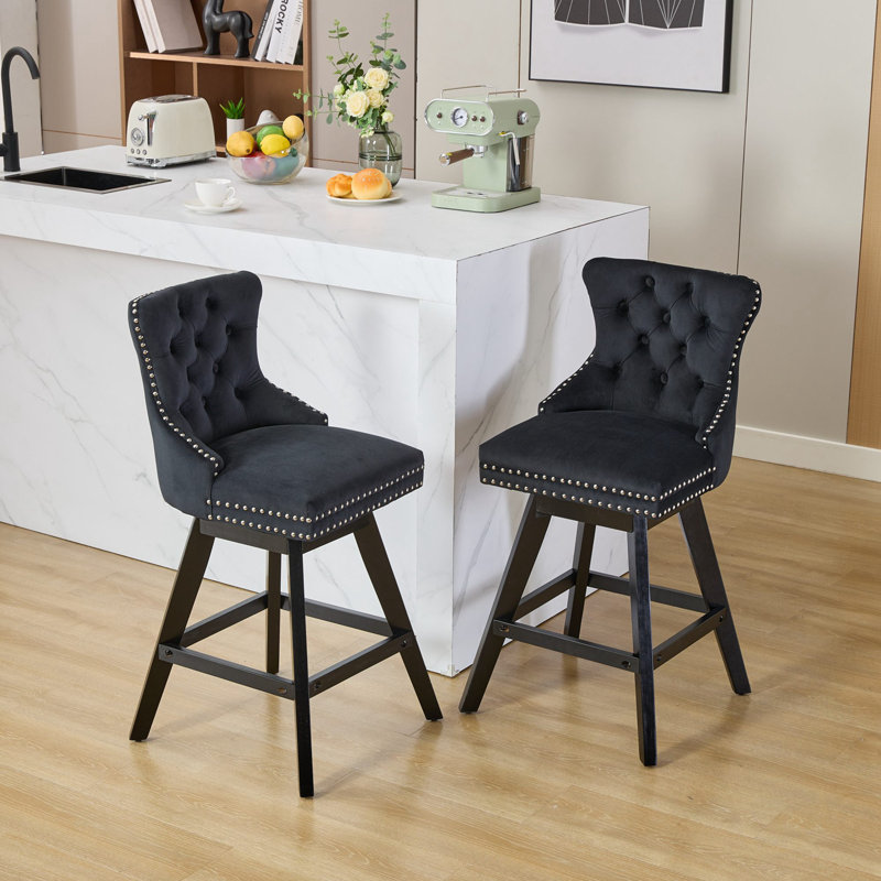 Swivel Velvet Barstools Set Of 2 With Button Tufted Decoration And Wooden Legs, Black