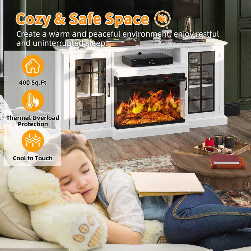 Eijah 58.2'' W Storage Credenza with Electric Fireplace Included, White