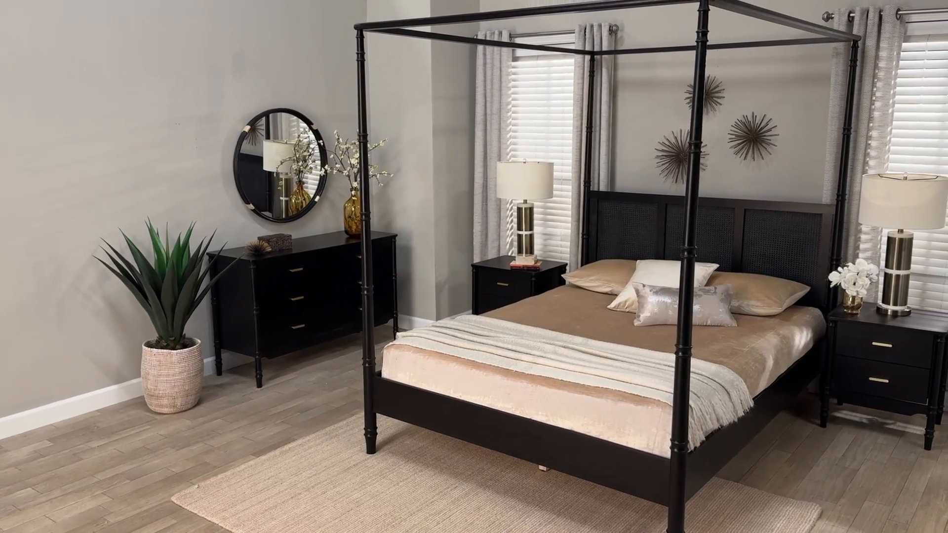 Charlton Home® Baxton Studio Gradimir Canopy Bed With Synthetic Rattan  Headboard - Black Wood Bed Frame With Bamboo-Inspired Posts, Modern  Transitional Bedroom Accent Furniture, King Size | Wayfair, image size:1920x1080