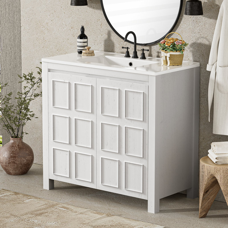 Meuble-lavabo 36 po avec lavabo en céramique et grande armoire de rangement, Blanc / blanc