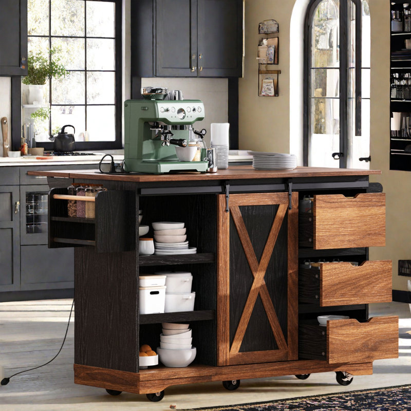 55.5 " W Kitchen Cart, Brown/Black