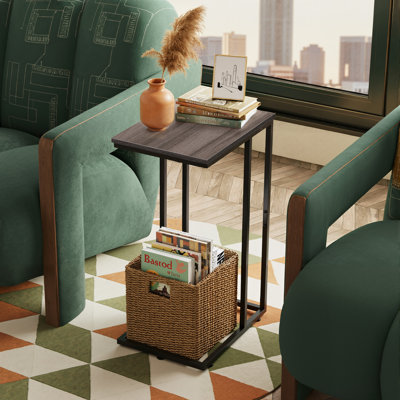 C-Table End Table with Solid Wood Top and Steel Base for Sofa, Bed Side  