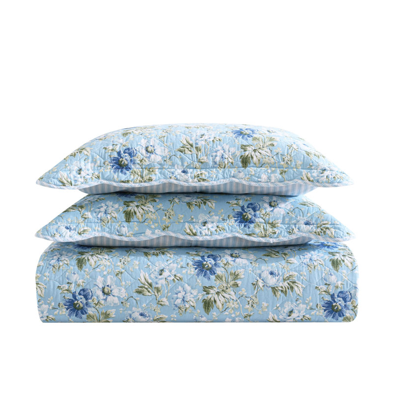 Ensemble de courtepointe réversible en coton standard Victoria, Bleu, Courtepointe pour grand lit + 2 taies décoratives