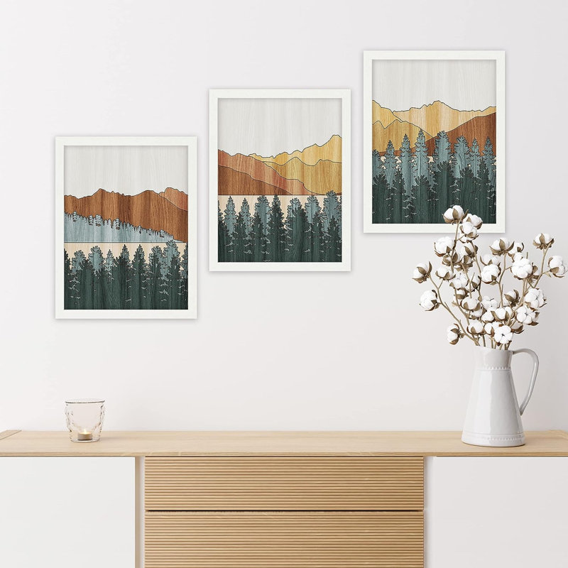«Western Wood Effect Landscape» IDÉE4WALL, art mural encadré pin vert, ensemble de 3 impressions de montagnes, montagnes, 3 pièces