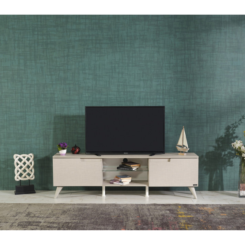 Beige Tv Stand, Mid Century Modern 66 Inch With 2 Door Cabinets And 1 Glass Shelf, Solid Wood &, Beige