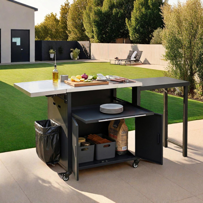 Chariot de barbecue pliable avec station de préparation pour l'extérieur avec rangement et roues, Noir