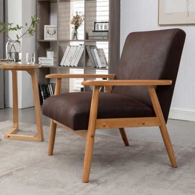 Fauteuil de style moderne Mid-Century de 25,38 po de largeur, structure en bois massif et accoudoirs fuselés, fauteuil d'appoint en microfibre d'aspect cuir avec coussin en mousse pour le salon, la chambre à coucher