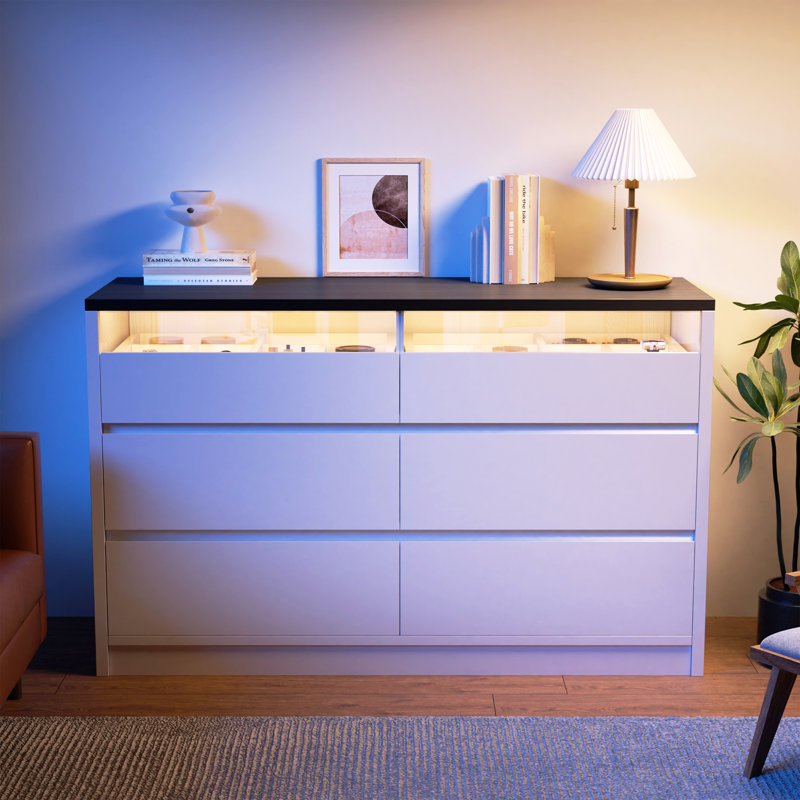 Commode double à 6 tiroirs avec éclairage DEL 47,24 po Marisole, Blanc/Noir