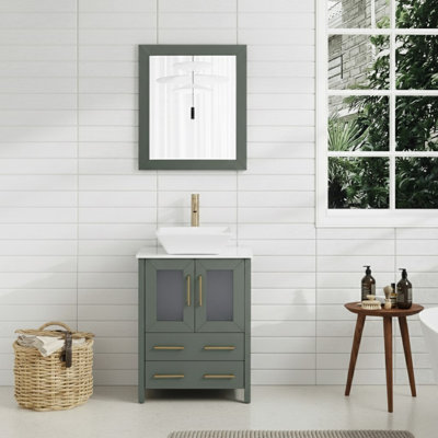 Ensemble de meuble-lavabo autoportant simple 24 po avec plateau en marbre et miroir assortis Ravenna