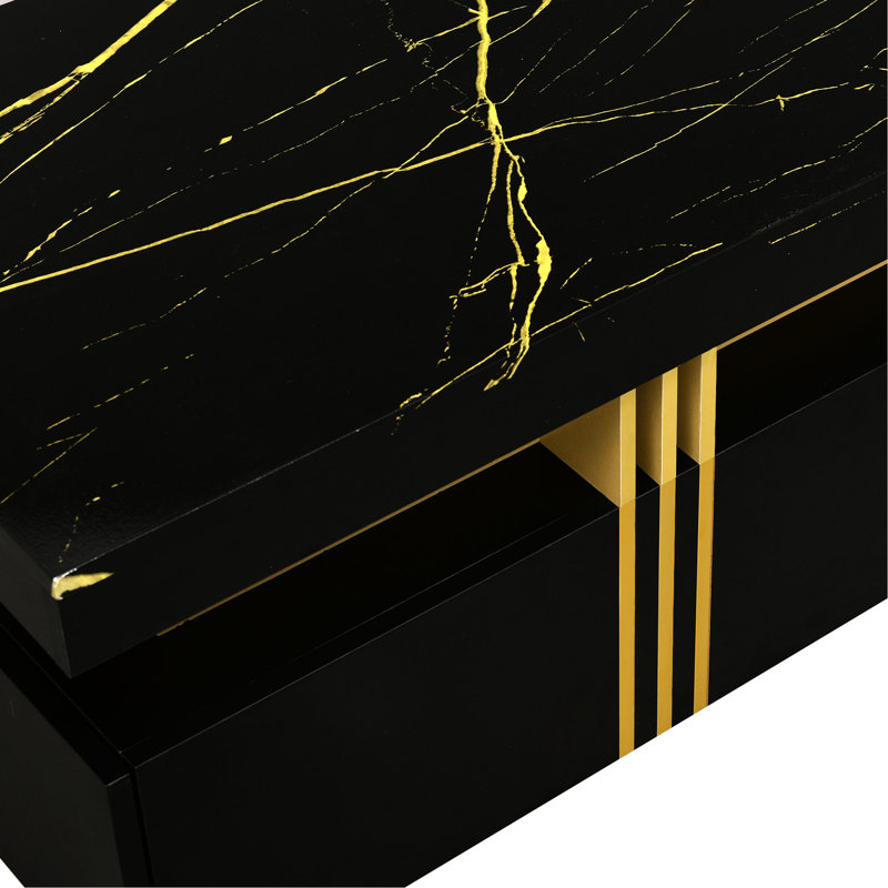 Table basse élégante avec plateau en faux marbre et tiroir de rangement, surface noire