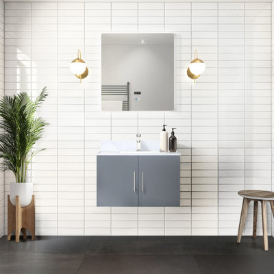 Meuble-lavabo gris foncé 30 po, comptoir en marbre, robinet inclus, po Miroir à DEL - plateau de style égratignure et teinture, teinture - élégant