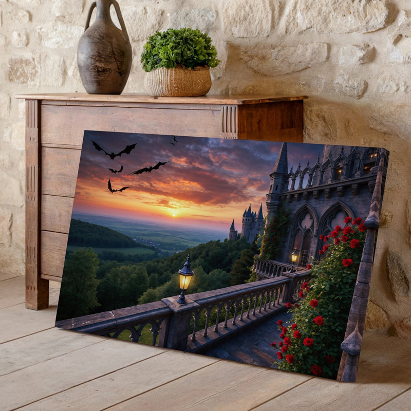 Toile, "Un balcon gothique orné de roses rouges éclatantes qui surplombe un art mural, paysage étendu au coucher du soleil, ciel"