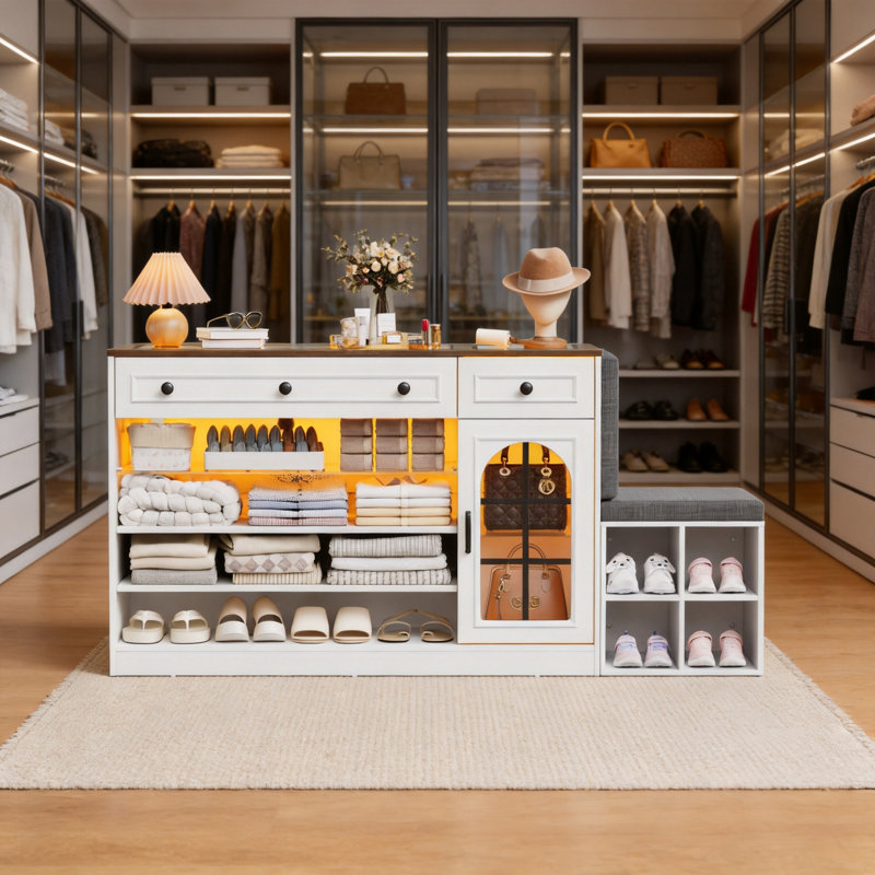 Îlot de garde-robe avec plateau en verre et armoire de chambre à coucher avec tablette en verre
