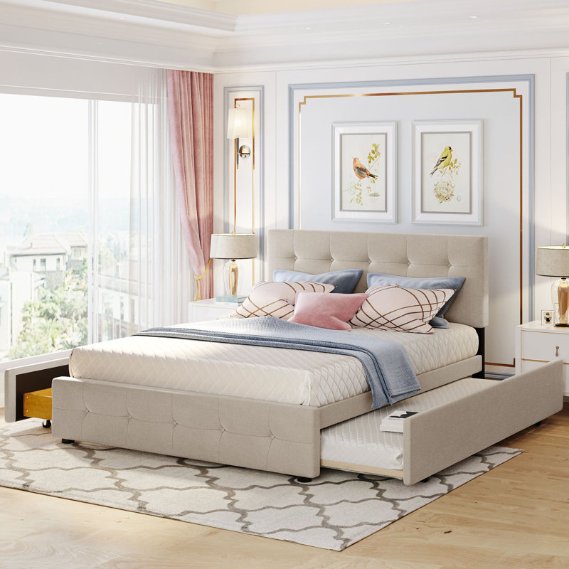Upholstered Platform Bed, Beige