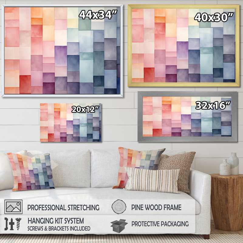 Motif de cubes multicolores III - art mural géométrique, H 16 po x l 32 po x P 1 po, Cadre doré à coins fermés