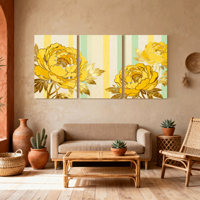 Plantes et fleurs, pivoines jaunes avec motifs dorés, ensemble de 3 impressions sur toile, H 24 po x l 48 po