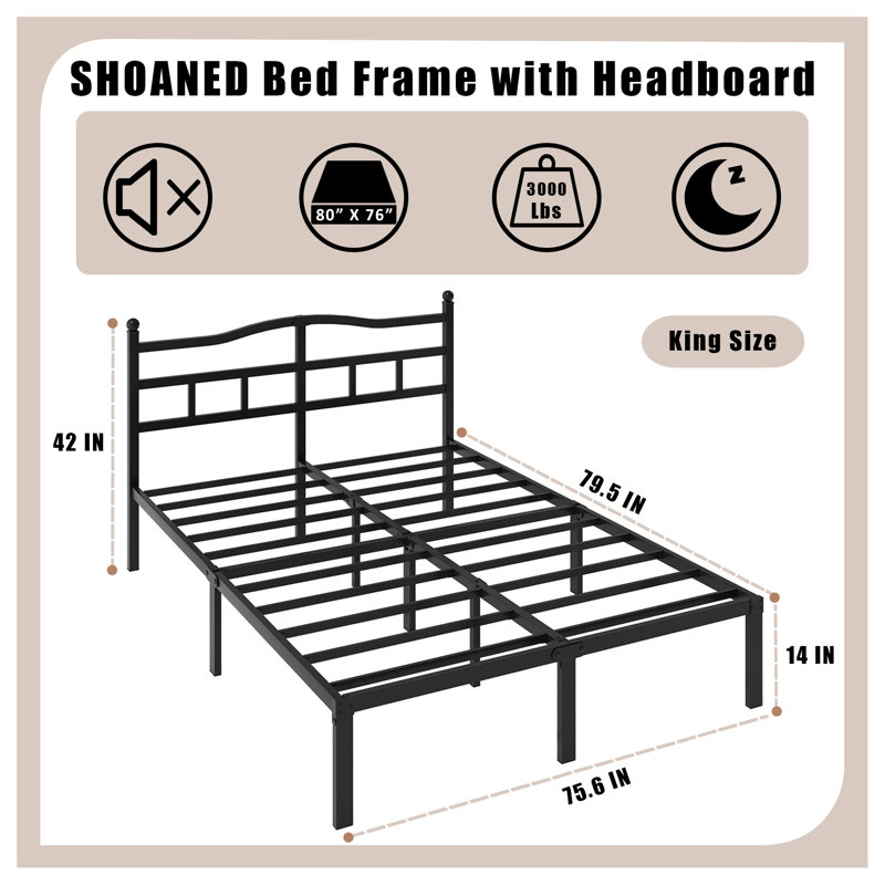 14 Inch King Sized Metal Bed Frame With Headboard, King