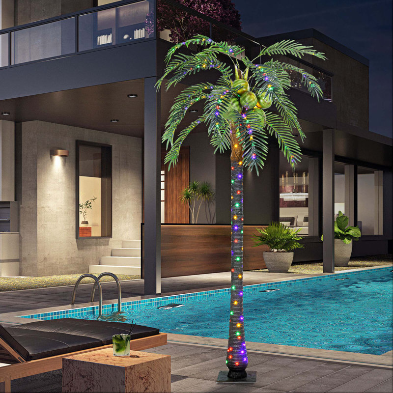 7' Artificial Lighted Palm Tree With 5 Coconuts, 280 Color Changing LED Light