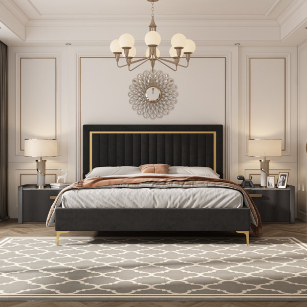 Velvet Upholstered Platform Bed with Golden Strip Mercer41 Size: King, Color: Black