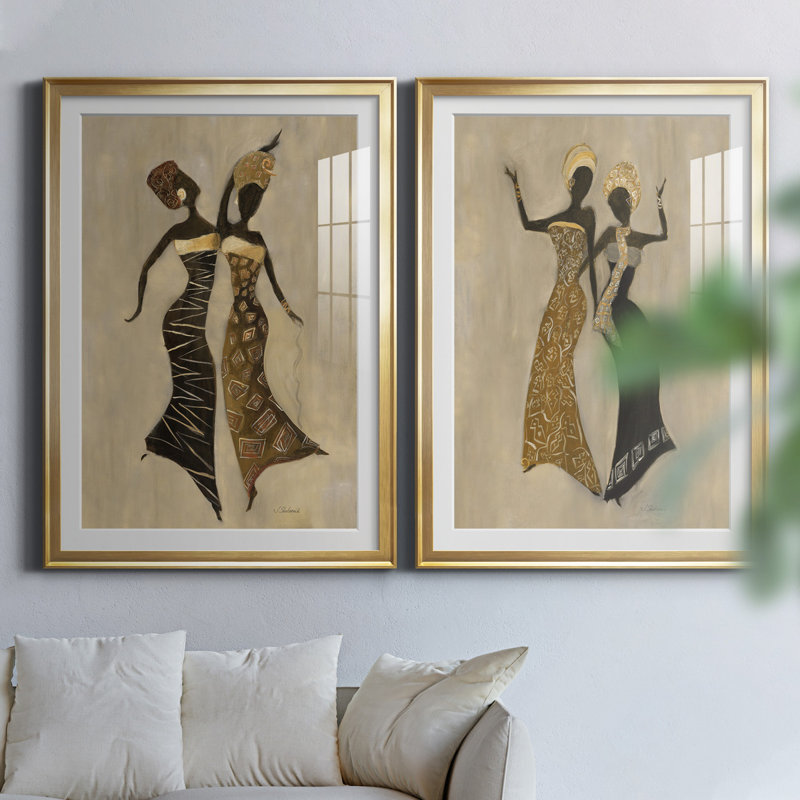 «Celebration I», ensemble de 2 reproductions d'art, H 26,5 po x l 73 po x P 1,5 po, Papier encadré doré, Blanc