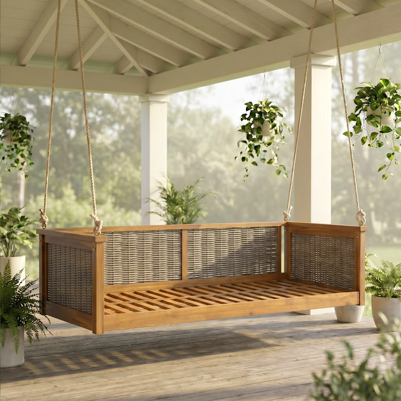Lit balançoire double en bois massif d'extérieur classique, cadre de balançoire en rotin de jardin avec longues cordes pour la piscine, la cour arrière