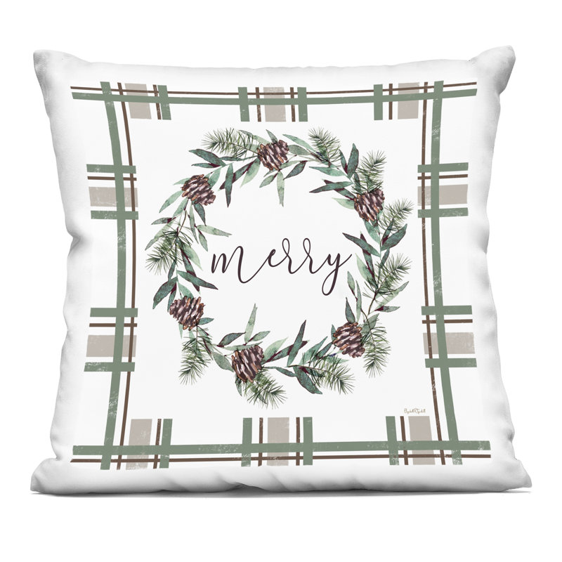 Merry Wreath on Green Plaid, coussin décoratif imprimé par Elizabeth Tyndall