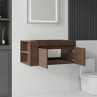 Meuble-lavabo flottant 36 po, contreplaqué, double tiroir à fermeture douce, rangement intérieur spacieux, compartiment de rangement latéral ouvert, fixation murale, armoire seulement, lavabo non inclus, brun