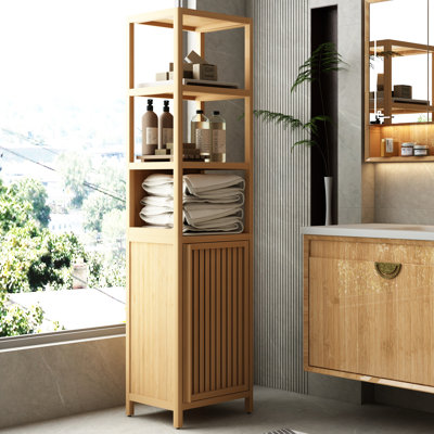 Natural Storage Closet - Tall Slim With Shutter Door And 3 Tier Shelves Unit For Home Organization
