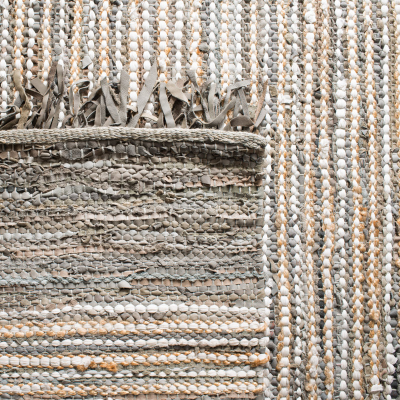Exley Vintage Leather Hand Woven Leather Cotton/Jute Striped Rug in Gray, Rectangle 6' x 9'