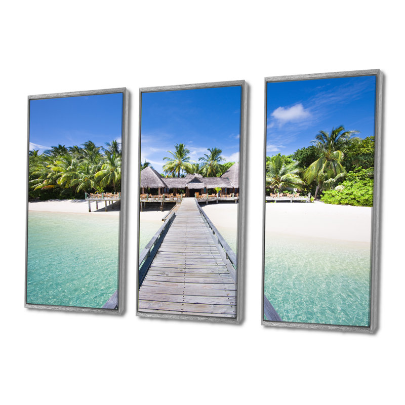 Plage avec cocotiers - ensemble d'art mural sur toile encadré paysage, H 28 po x l 36 po, Argent