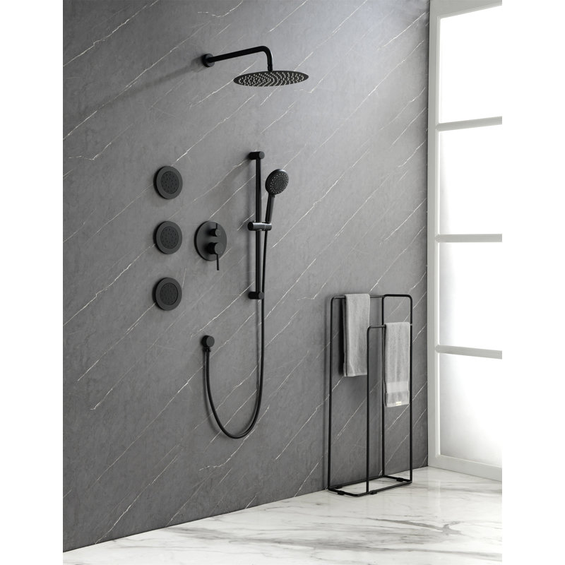 Shower System With Shower Head, Hand Shower, Slide Bar, Bodysprays, Shower Arm, Hose, Valve Trim, And Lever Handles