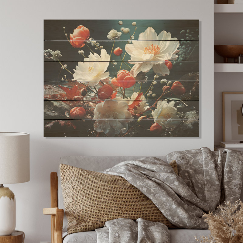 Enchantement de fleur blanche - Art mural en bois sur bois de pin naturel, H 10 po x l 20 po