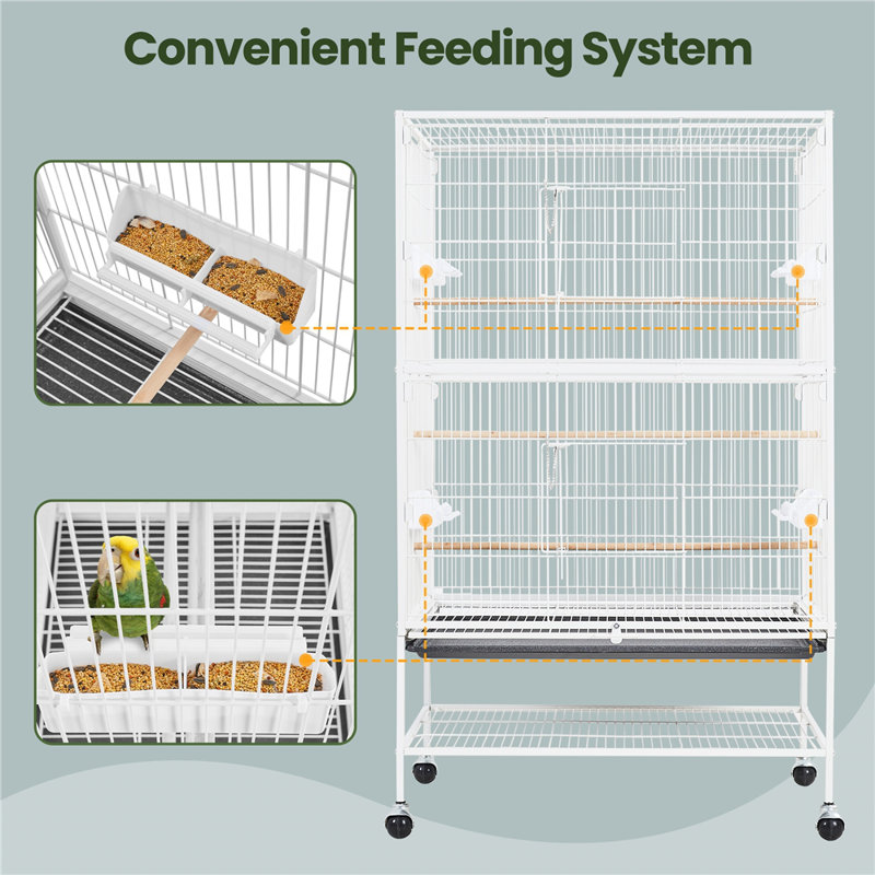 White 52'' Rolling Steel Bird Cage with Perches and Storage