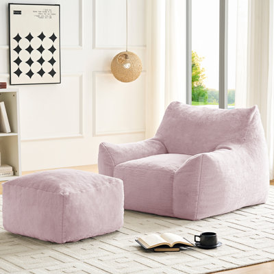 Fauteuil à billes en fausse fourrure de lapin avec repose-pieds, rose