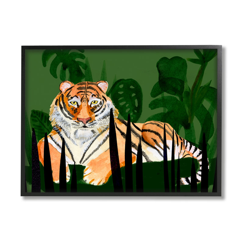 Tigre, plantes tropicales, nature par Alicia Ludwig - cadre flottant, impression sur bois, Giclée encadrée noir minuit