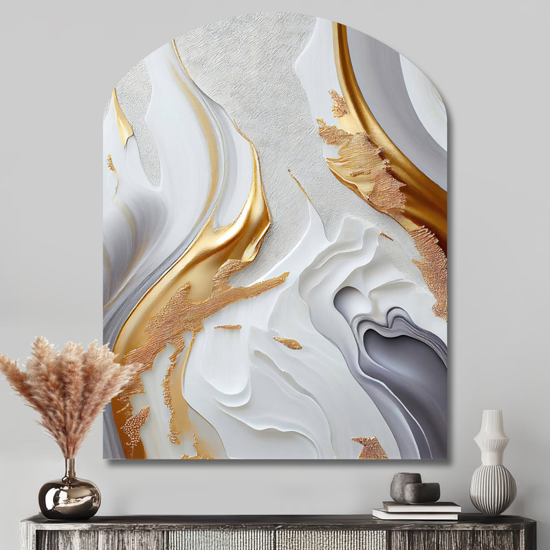 Marbre blanc et or abstrait I - impression asymétrique en marbre sur métal, décoration murale arche moderne en métal