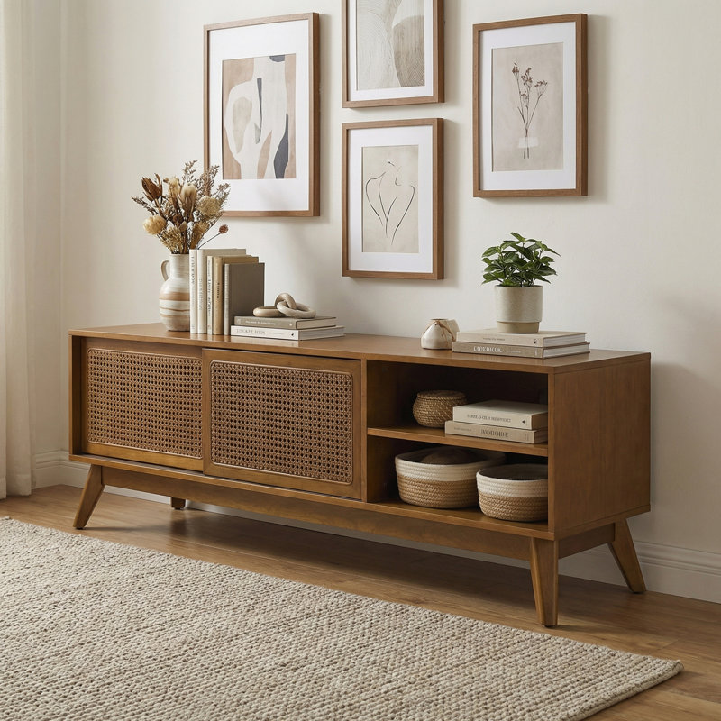 59" Mid Century Modern Rattan Tv Stand For 65 Inch Tvs, Media Console With Solid Wood Legs & Rattan Doors For Living Room - Light Brown