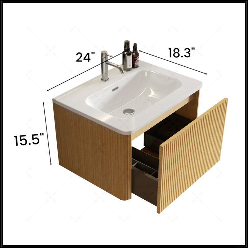 Ensemble de meuble-lavabo flottant mural en chêne naturel rayé de 24 pouces avec lavabo en céramique blanc Etna, pré-assemblé pour les salles de bain modernes
