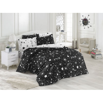 Ensemble de housse de couette double Luxury, noir et blanc, 86,6 po x 86,6 po | 65% coton / 35% polyester, 120 fils | Lavable à la machine, fermeture à boutons pour couette et taie d'oreiller | Conception élégante pour les chambres confortables