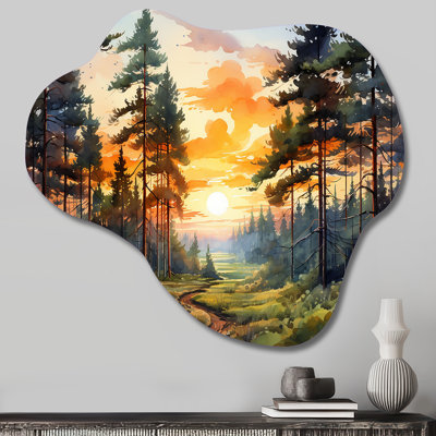 Pine Tree Sunset Glow I - Tree Pine Cloud Shape Assymterical Metal Wall Sculpture