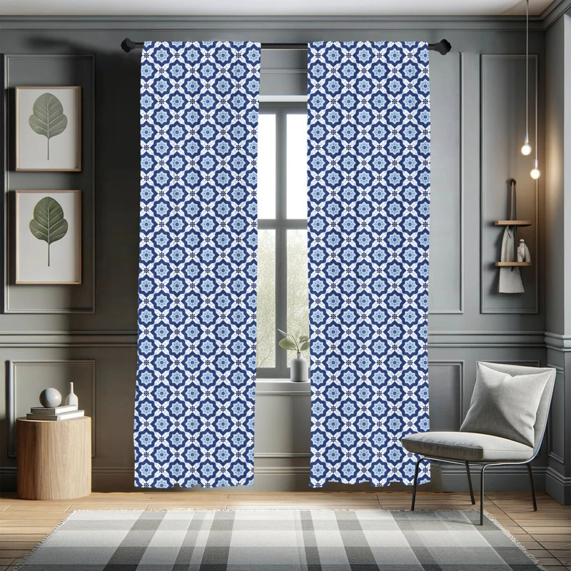 Blue and White Moroccan Pattern Rod Pocket Curtain Panels
