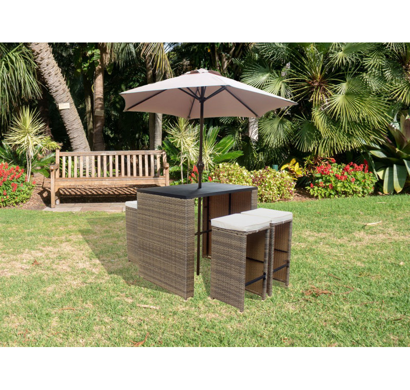 Six Piece Faux Wicker Outdoor Bar Height Table Set with Umbrella and Stools