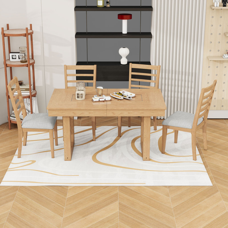 Ensemble de table de salle à manger 5 pièces en bois avec rallonge et 4 chaises, Naturel