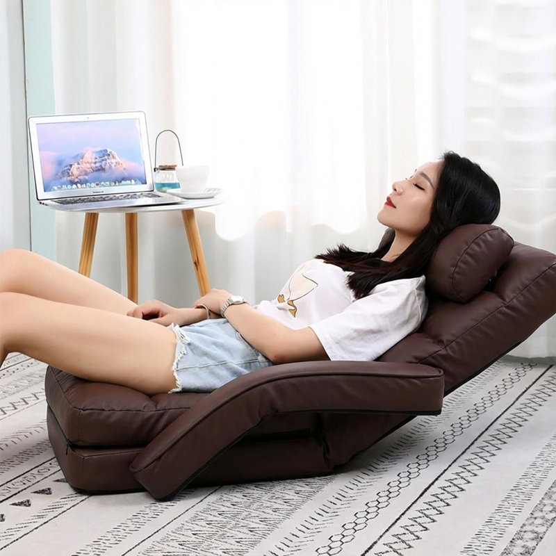 Reclining Floor Gaming Chair Foldable Chaise Lounge Game Chair For Adults With Armrest, PU-Brown