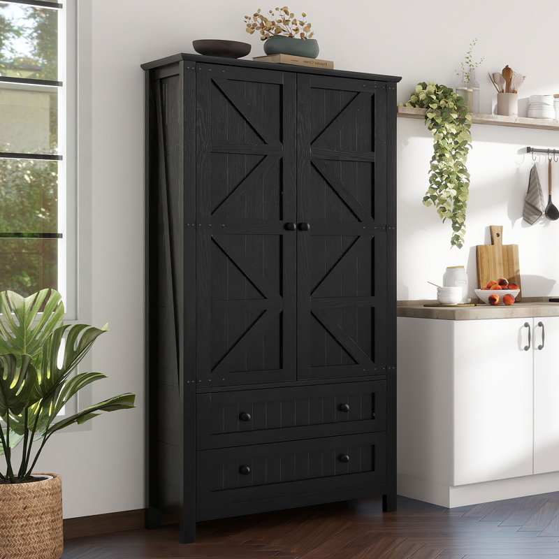 Black Farmhouse Kitchen Pantry Cabinet with Drawers and Shelves